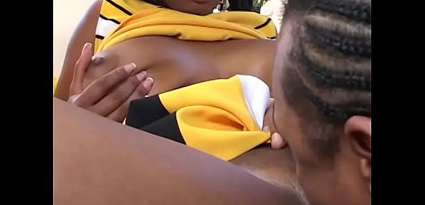  Busty nice ebony cheerleader takes off her yellow dress and gets dick inside